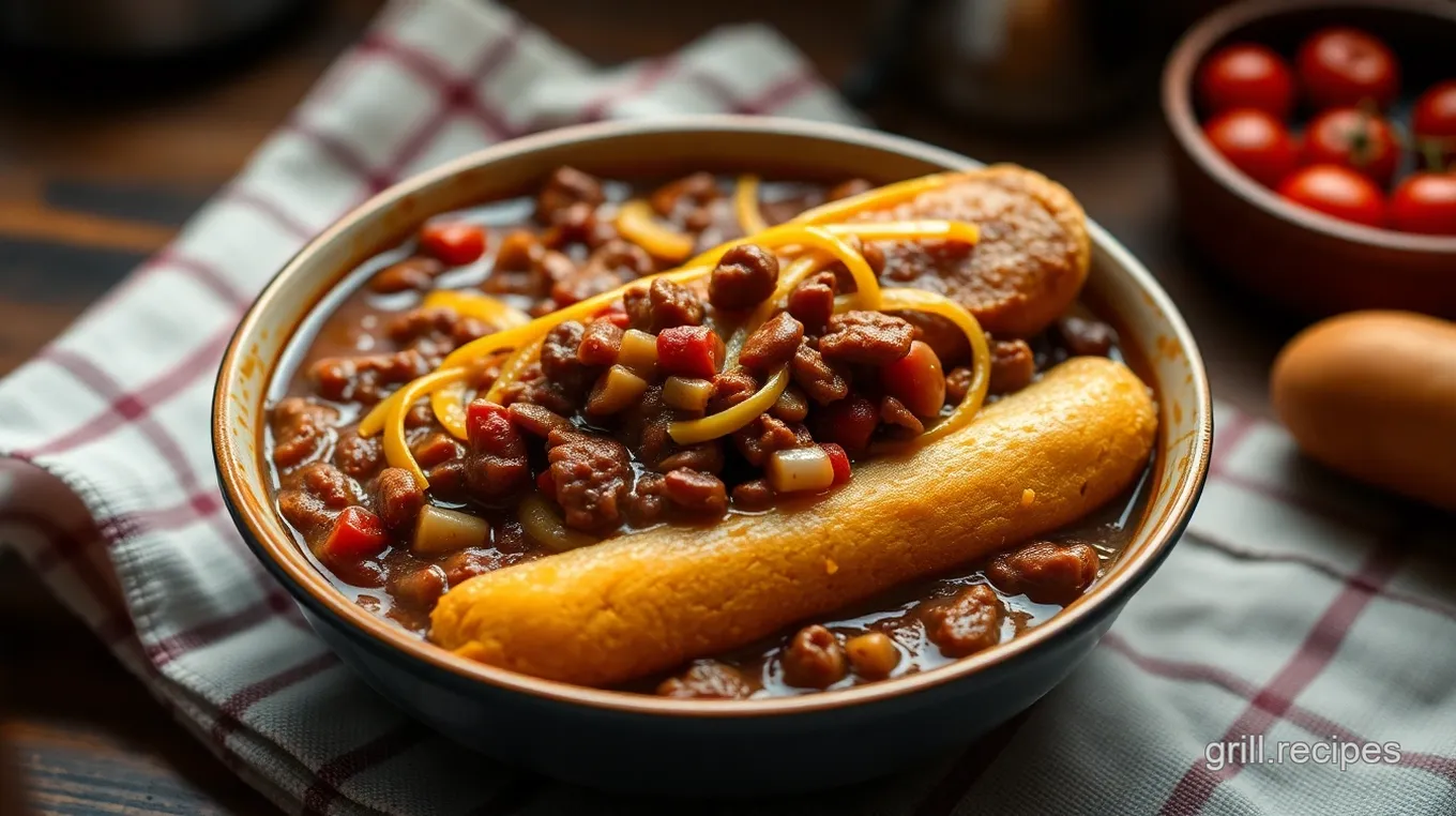 Chili with Grilled Cheese Corn Dog Delight