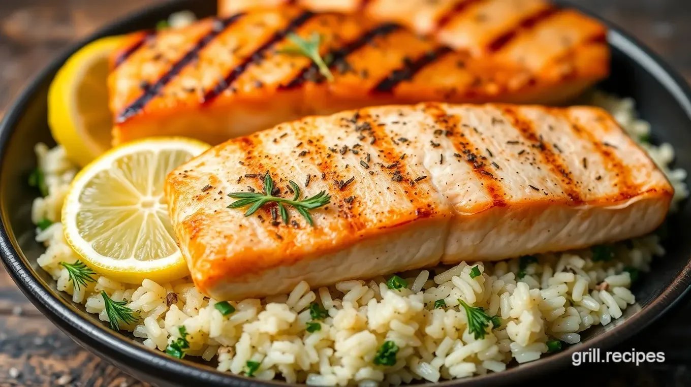 Grilled Salmon with Lemon Herb Rice and Green Beans