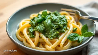 Cooked Penne Pasta with Basil Pesto Sauce