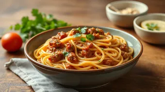 Cooked Noodles with Meat Sauce Delight