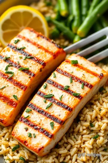 Grilled Salmon with Lemon Herb Rice and Green Beans presentation